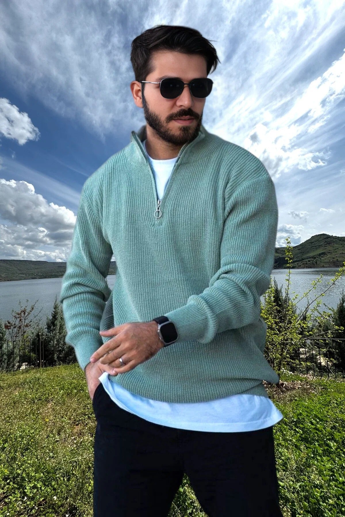 Férfi pulóver – zöld – világos zöld