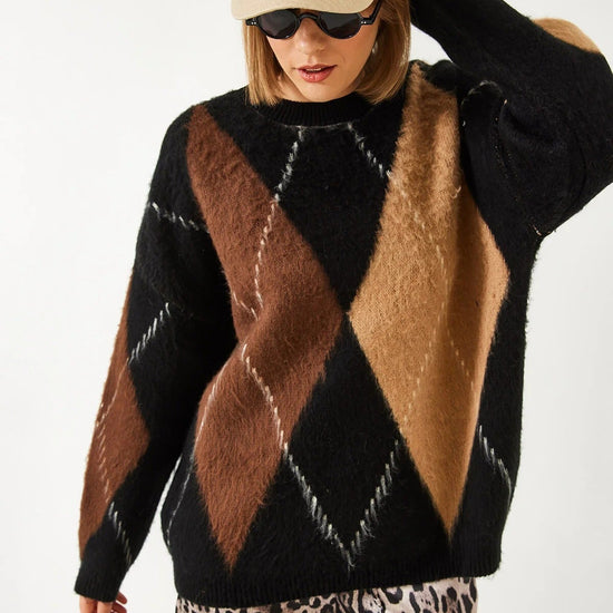 Női pulóver – camel – fekete camel